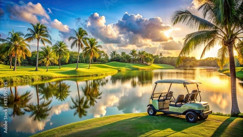 Golf cart driving across tropical golf course with water lake in background, golf, sport, tropical, landscape, golf cart, water, lake, leisure, recreation, relaxation, scenic, outdoor photo