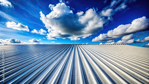 Metal sheet roof against blue sky with fluffy white clouds , metal, sheet, roof, blue sky, fluffy, white clouds, backdrop, sunny, day, exterior, architecture, industrial, background, weather