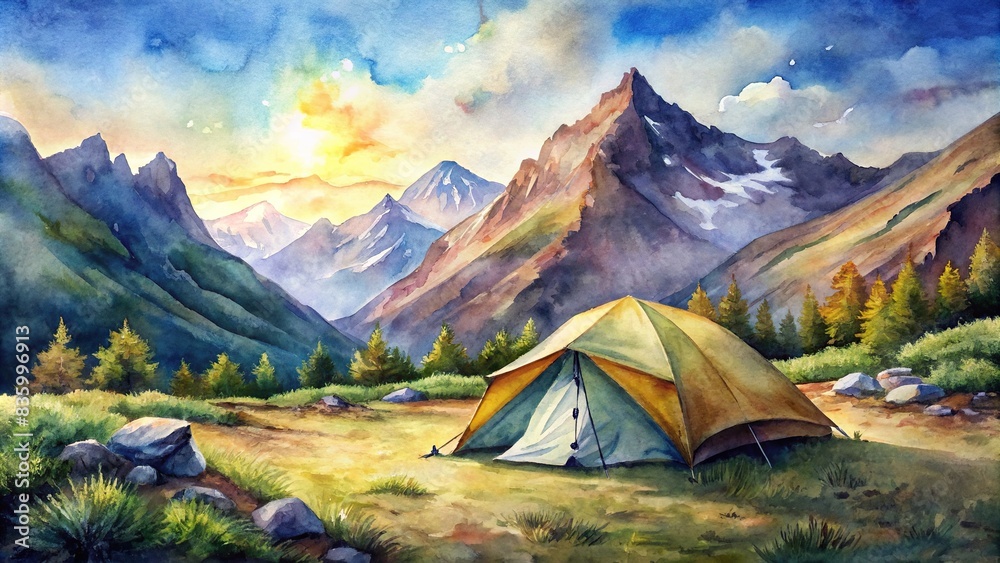 Watercolor painting of a camping tent nestled in the mountains , camping, tent, mountains, nature, landscape, outdoor, adventure, hiking, wilderness, serene, peaceful, scenic, watercolor