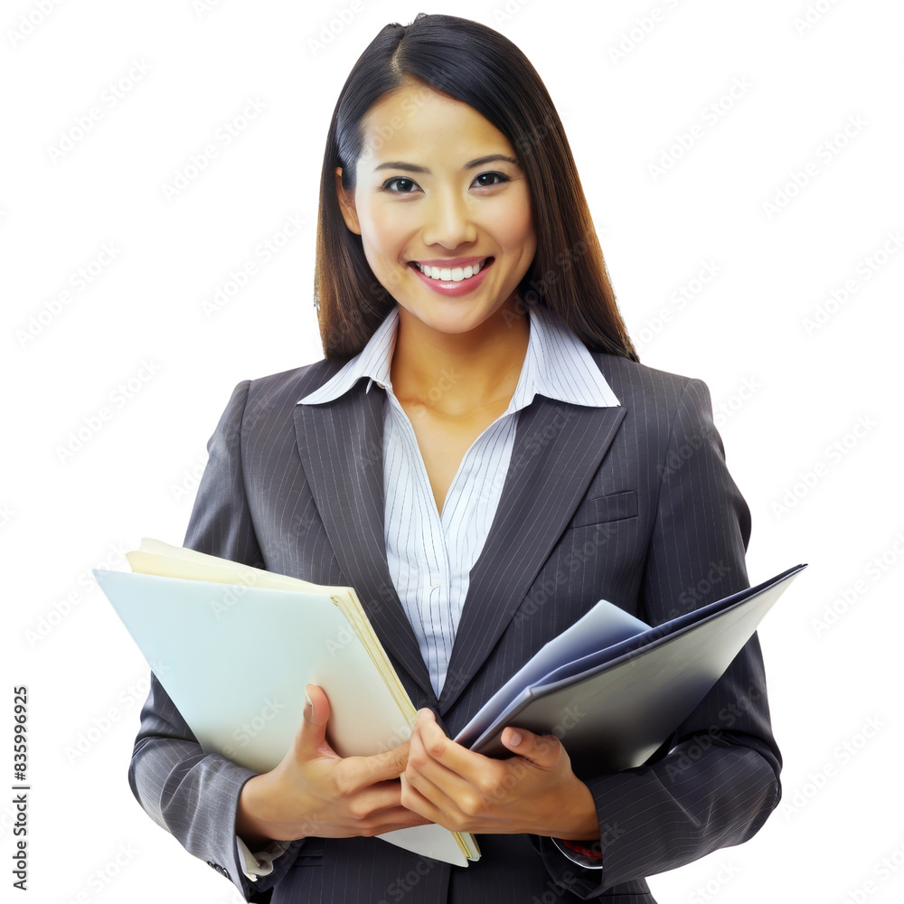 Professional woman in business attire smiling while holding documents, representing corporate success and positivity.