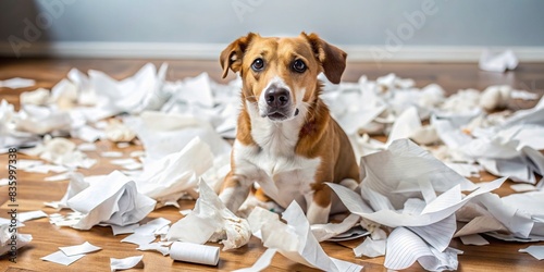Chaos of papers surrounding a mischievous dog, dog, papers, chaos, messy, cluttered, organization, work, desk, playful, pet, furry, cute, troublemaker, disorganized, concept, creative, art photo