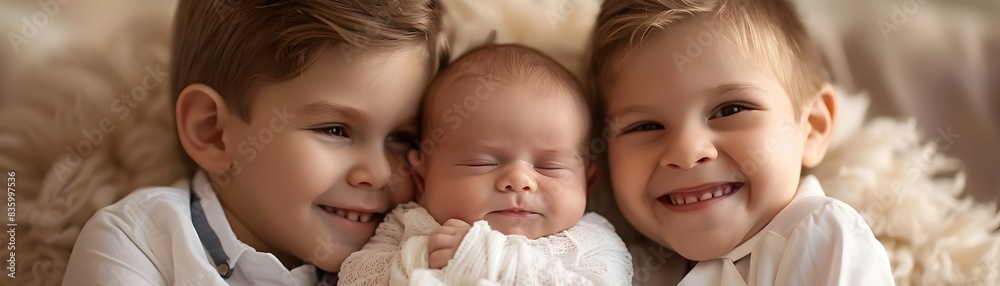 Newborn Baby Welcomed Home by Excited Siblings Family and Happiness Concept Newborn Baby Welcomed Home by Excited Siblings Family and Happiness Concept