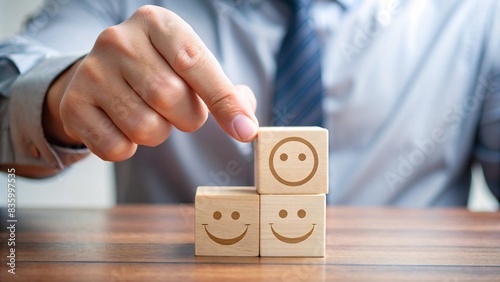 Customer services excellence rating experience concept with hand choosing smiley face on wooden block , satisfaction, survey, businessman, 5 star, rating, feedback, excellence