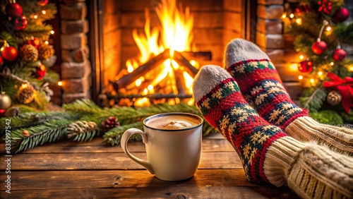 Cozy winter scene with woollen socks and cocoa by the Christmas fire, cozy, winter, socks, cocoa, fireplace, festive, warmth, holiday, wool, comfort, relaxation, hygge, seasonal, soft photo