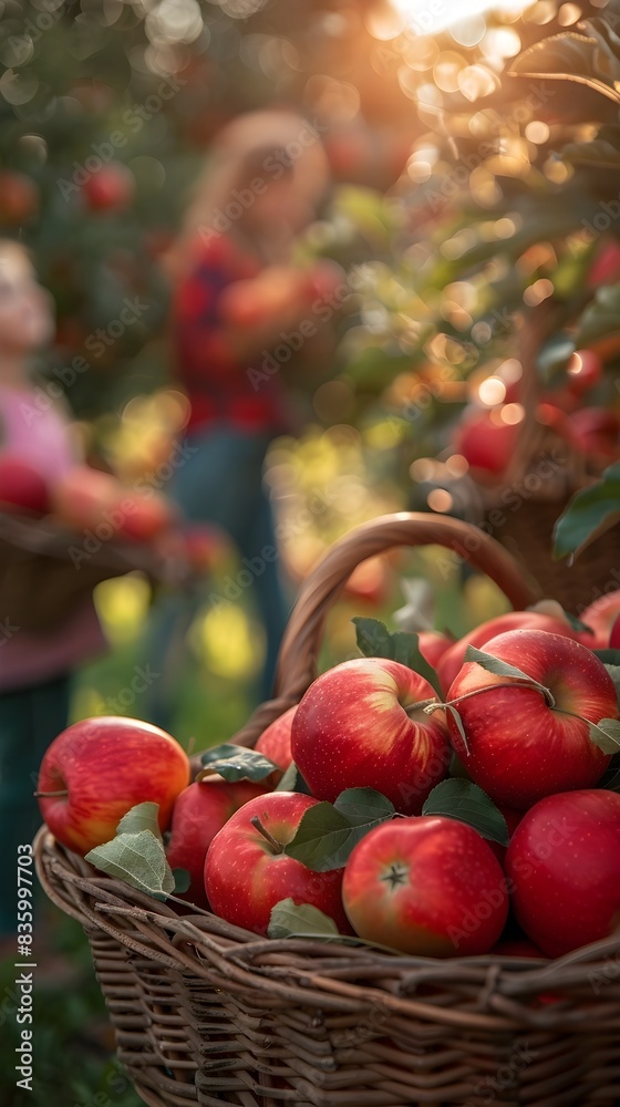 Family Harvesting Apples in Orchard with Full Baskets of Fresh Fruit Family Harvesting Apples in Orchard with Full Baskets of Fresh Fruit