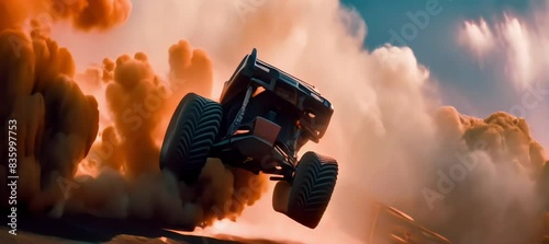 aerial acrobatics of a monster truck amidst explosive pyrotechnics and chaotic destruction photo