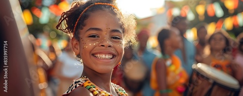 Smiling Girl Enjoying a Local Cultural Festival with Family