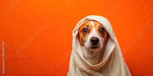 Amusing and unconventional photograph of a dog with a white towel wrapped around against an orange backdrop, face blurred , dog, towel, cute, pet, funny, orange, backdrop, humor © Sangpan