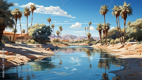 A tranquil oasis in the desert, with palm trees swaying in the breeze and a shimmering pool reflecting the clear blue sky above. Painting Illustration style, Minimal and Simple,