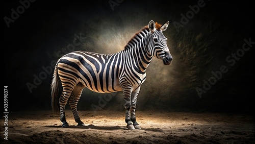 A majestic zebra standing out on a dark canvas  highlighting its beauty and power in the wild  zebra  wildlife  nature  animal  majestic  black and white  stripes  mane  wilderness  safari