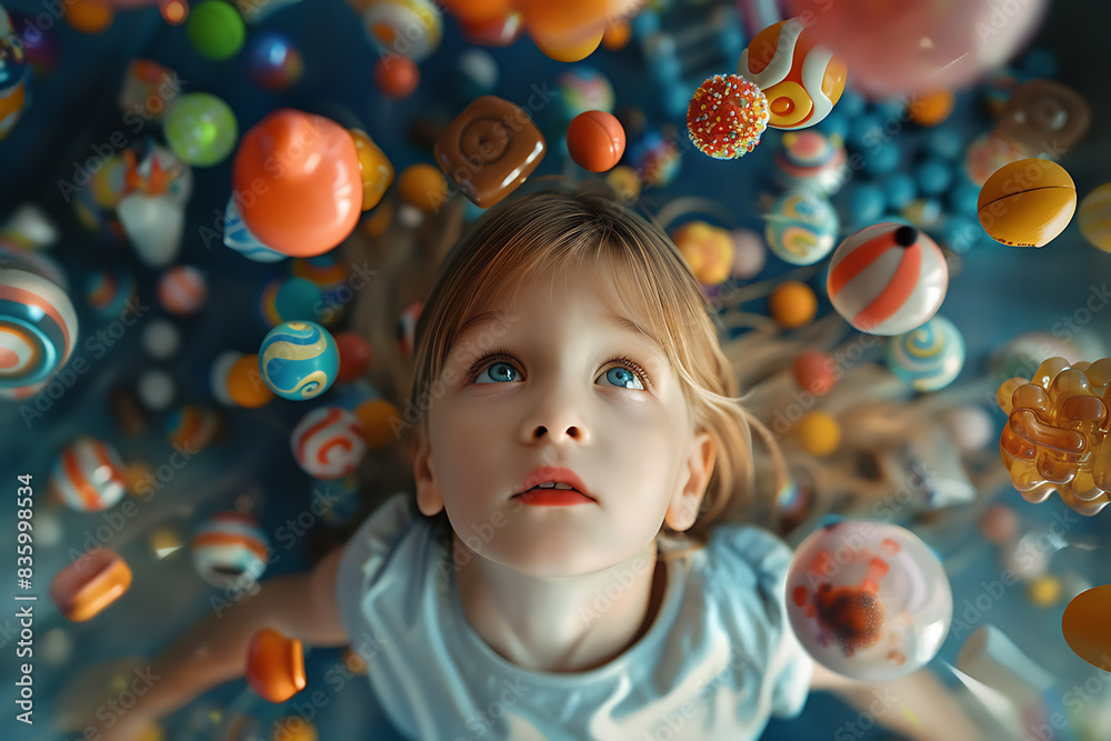 A child surrounded by floating toys and candy, capturing a magical and whimsical moment. A child surrounded by floating toys and candy, capturing a magical and whimsical moment.