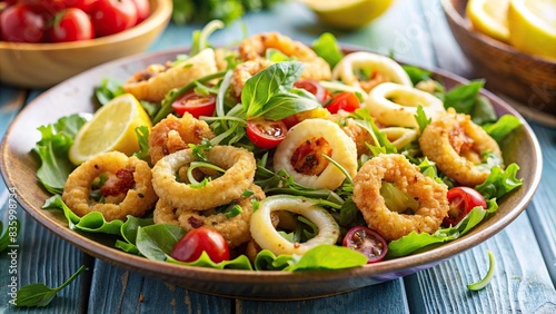 Close-up of crispy calamari salad with lemon vinaigrette , Fresh, food, salad, calamari, crispy, lemon, vinaigrette, delicious, seafood, appetizer, meal, gourmet, healthy, plate, texture photo