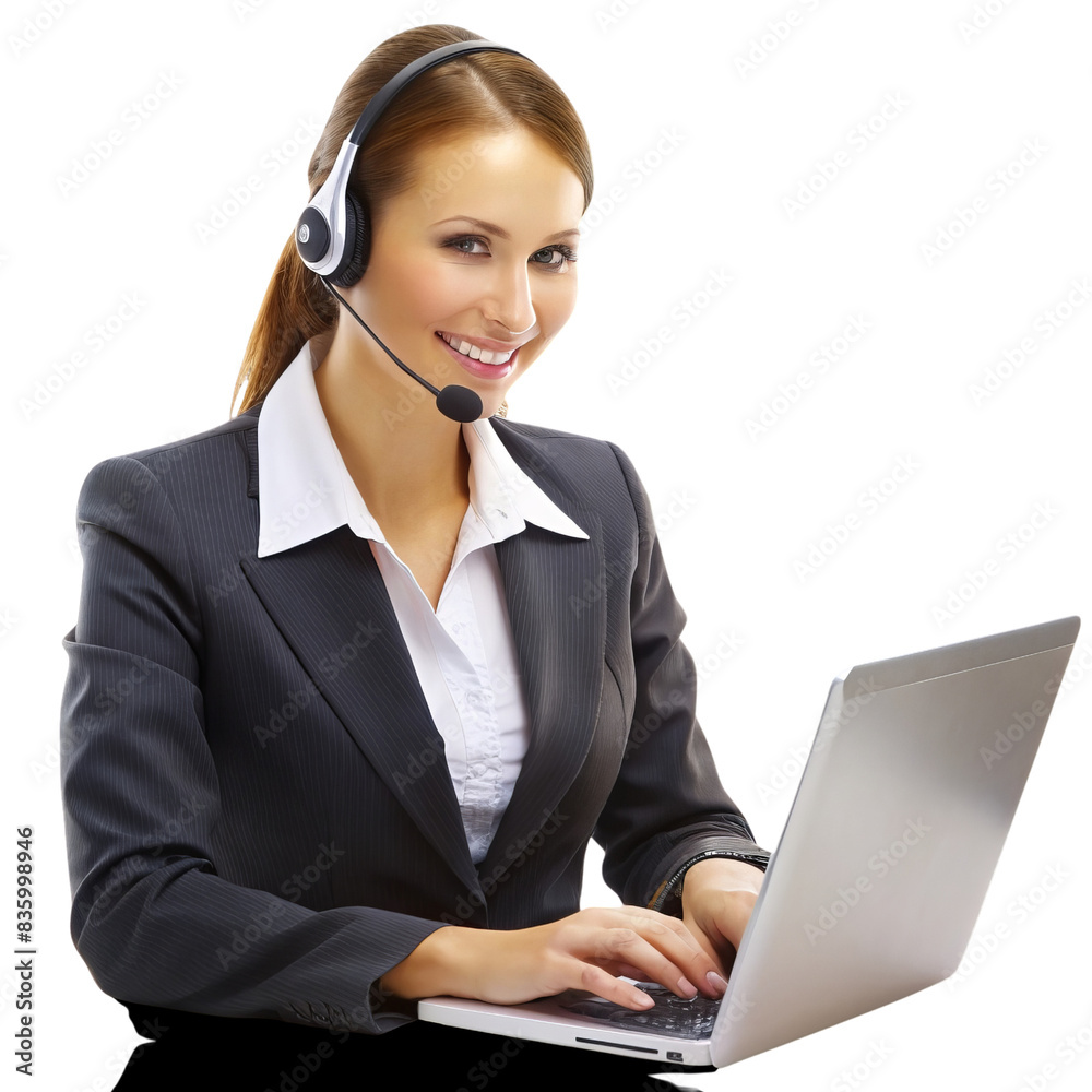 Smiling customer service representative in headset working on a laptop, wearing a suit, providing support and assistance, isolated on white background. Smiling customer service representative in headset working on a laptop, wearing a suit, providing support and assistance, isolated on white background.
