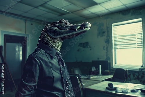 An Alligator dressed in a suit stands in an office