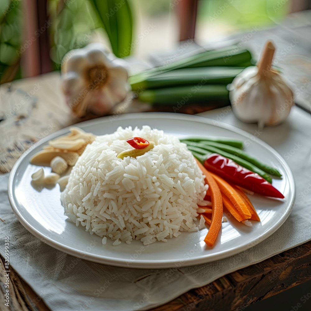 White rice on a white plate with fresh vegetables White rice on a white plate with fresh vegetables