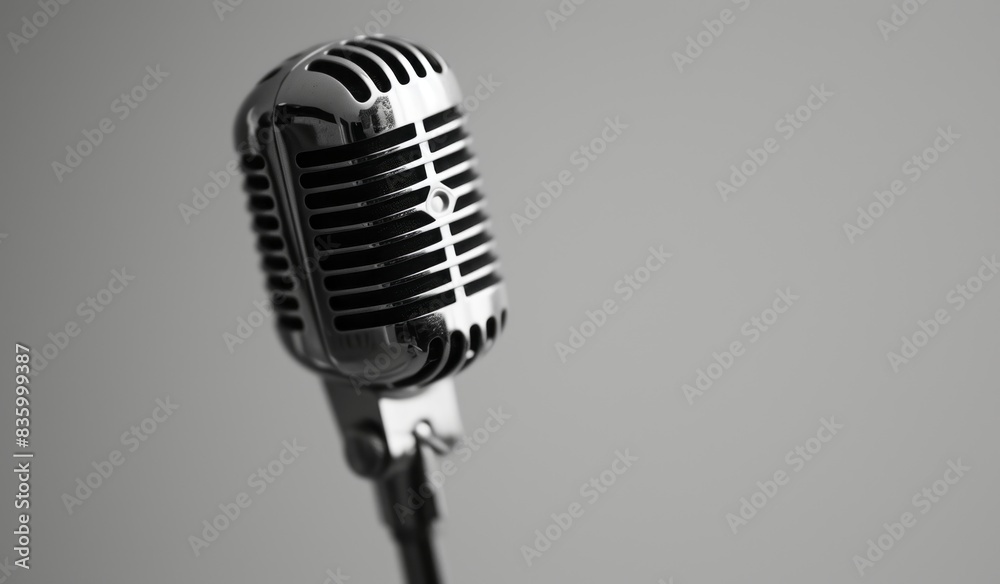 Fototapeta premium A mic is presented against a white background, in a bold black and white style, showcasing the human form in a grand manner with light black and silver tones.