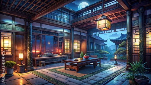 Clean and tidy interior environment at night in Chinese horror comic style, 8K resolution, interior design, neat, organized, spooky, eerie, mysterious, dark, shadows, Asian culture