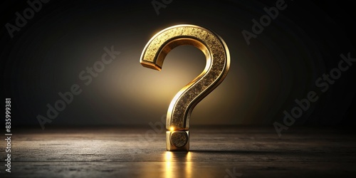 Golden question mark symbolizing curiosity and uncertainty on a dark background, mystery, confusion, doubt, inquiry, search, symbol, unknown, query, concept, discovery, investigation photo