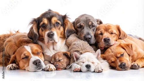 Collection of various breeds of dogs sleeping peacefully on a or white background, dogs, sleeping, pets, resting, relaxation, cute, adorable, isolated,white background, peaceful, calm, nap time
