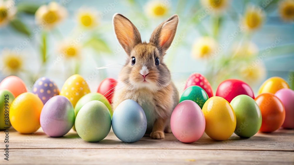 Colorful Easter eggs and a cute bunny on a light background, Easter, eggs, bunny, colorful, spring, holiday, festive, celebration, pastel, cute, decoration, traditional, seasonal, decorated