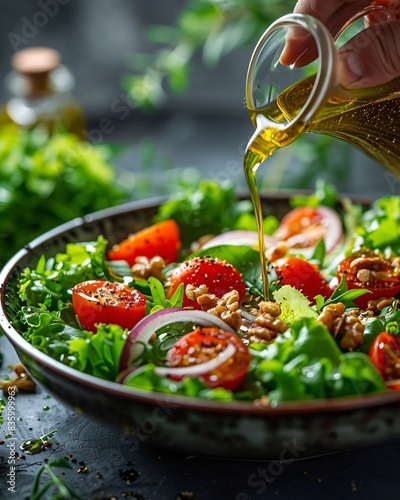 Hand gently drizzles golden olive oil on a colorful salad of fresh tomatoes, crisp greens, and crunchy walnuts in a bowl