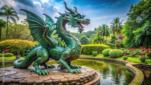 Dragon statue in the park surrounded by lush greenery , dragon, statue, park, greenery, outdoor, mythical creature, fantasy, sculpture, artwork, nature, majestic, iconic, landmark, public art photo