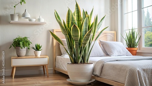 Sansevieria plant in a bedroom with light tones, houseplant, bedroom, interior design, sansevieria, plant, pot, decor, home, greenery, minimalist, cozy, peaceful, tranquil, relaxation, serene