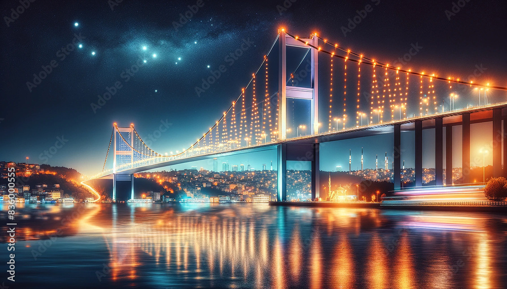 Fototapeta premium Istanbul bridge at night with crescent moon.