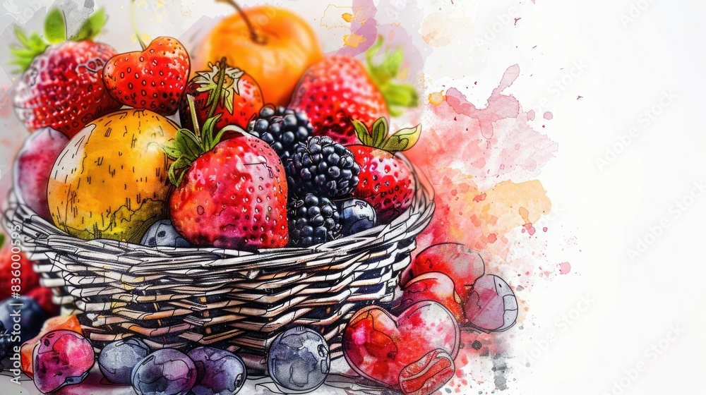 A vibrant mix of fresh fruits in a wicker basket, with a watercolor effect for a playful touch. A vibrant mix of fresh fruits in a wicker basket, with a watercolor effect for a playful touch.