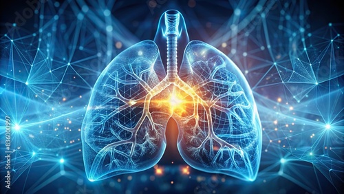 Closeup of a pulmonology concept with a glowing HUD big icon of lungs , pulmonology, lungs, healthcare, medical, technology, closeup, glowing, HUD, science, research, anatomy, organ, chest photo