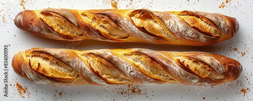 Two freshly baked baguettes on a white surface. photo
