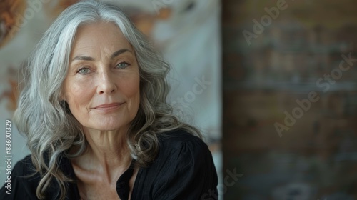 Free Download Portrait of a mature woman with gray hair in black shirt looking camera soft background. - GFXLoad