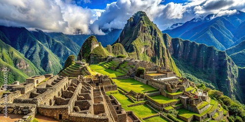 Majestic ancient ruins of Machu Picchu in the Andes Mountains of Peru , Incan, city, ruins, architecture, landscape, mountain, South America, tourism, travel, destination, historical, UNESCO photo