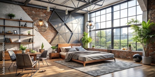 Modern loft bedroom with original design featuring geometric shapes, minimalistic furniture, and industrial accents , loft, bedroom, modern, original, design, geometric, shapes photo