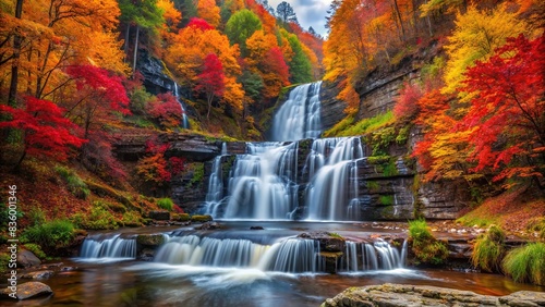 Autumn waterfall in hidden valley surrounded by vibrant foliage   nature  waterfall  autumn  foliage  vibrant  majestic  scenic  landscape  serene  tranquil  peaceful  beauty  natural