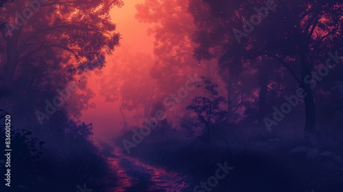 A path leading through a forest, bathed in dim light of sunset, with rays of sunlight.