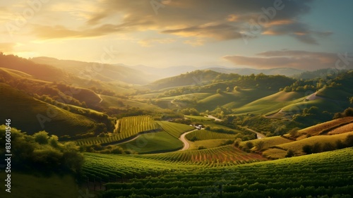 Mountain Majesty: A Sunrise Symphony Over Grapes - Nature's Canvas Unfolds in the Dawn Glow of Vineyard Splendor. © Zestify
