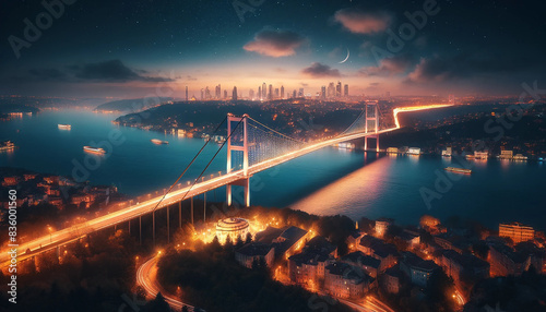 Istanbul bridge at night with crescent moon. © Husamex
