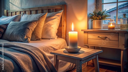 Cozy bedroom with a lit candle on the nightstand, serene, peaceful, relaxation, cozy, intimate, home decor, interior design, ambiance, hygge, comfort, tranquil, solitude, minimalist, Zen photo