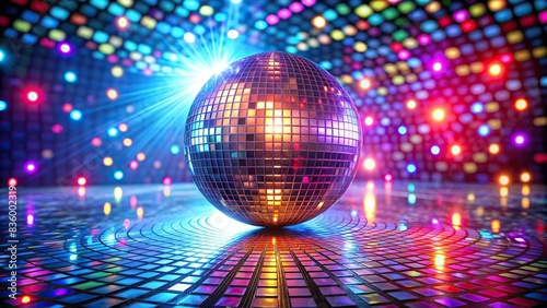 Shimmering disco ball reflecting colorful lights on a dance floor, party, celebration, nightlife, retro, disco ball, mirror ball, reflections, shiny, disco lights, festive, sparkly, glitzy photo