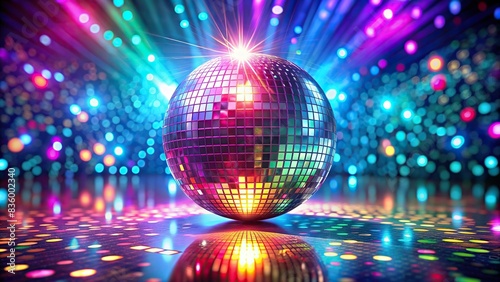 Shimmering disco ball reflecting colorful lights on a dance floor, party, celebration, nightlife, retro, disco ball, mirror ball, reflections, shiny, disco lights, festive, sparkly, glitzy photo