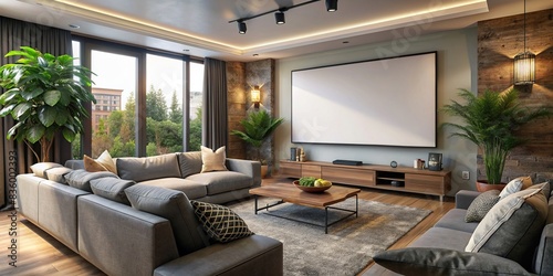 Mockup of a home theater projector screen in a cozy living room , home, theater, projector, screen, mockup, cozy, living room, entertainment, technology, blank display, interior, cozy, modern