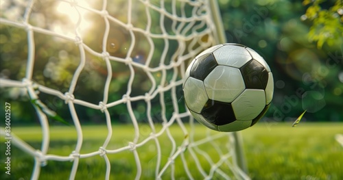 A soccer ball and a net on a soccer field