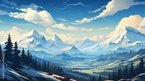 A majestic mountain range rising above a dense forest, its snow-capped peaks piercing the clouds in a dramatic display of nature's grandeur. Painting Illustration style, Minimal and Simple,
