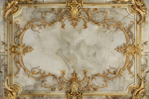 Lavish antique baroque, barocco ornate marble ceiling frame non linear reformation design. elaborate ceiling with intricate accents depicting classic elegance and architectural beauty photo