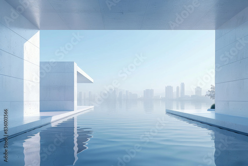 Modern buildings by the lake. The modern urban skyline is in the background.  © aiqing