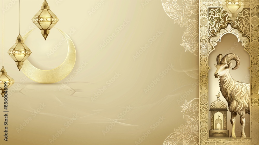 An Islamic Greeting Card template with gold and white background, a ram, a crescent moon, some lanterns, and a mosque silhouette (Eid al Adha) An Islamic Greeting Card template with gold and white background, a ram, a crescent moon, some lanterns, and a mosque silhouette (Eid al Adha)