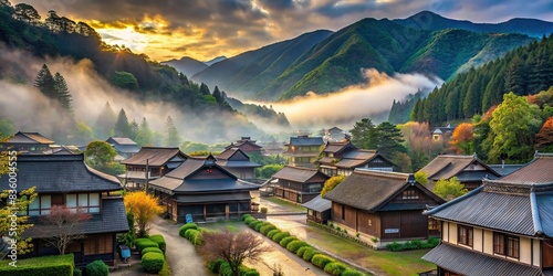 Peaceful early morning in a feudal Japanese village amidst misty mountains , tranquil, serene, morning, misty, foggy, peaceful, Japanese, village, countryside, nature, mountains photo
