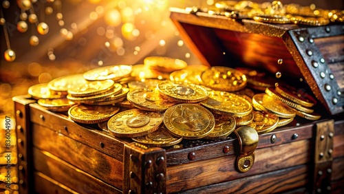 Chest of gold doubloons shimmering in the light with water droplets , gold, doubloons, chest, treasure, shimmering, light, water droplets, riches, wealth, shiny, valuable, ancient, pirate photo