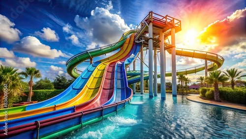 Thrilling tall waterslide against a vibrant blue sky , waterslide, descending, dynamic, thrilling, excitement, adrenaline, adventure, amusement park, fun, slides, colorful, aqua, speed photo